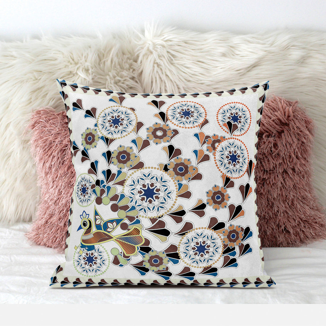 28" x 28" Off White Peacock Blown Seam Floral Indoor Outdoor Throw Pillow