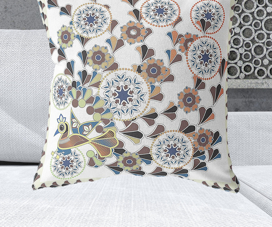 28" x 28" Off White Peacock Blown Seam Floral Indoor Outdoor Throw Pillow