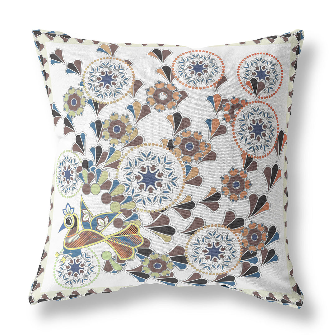 28" x 28" Off White Peacock Blown Seam Floral Indoor Outdoor Throw Pillow