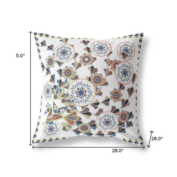 28" x 28" Off White Peacock Blown Seam Floral Indoor Outdoor Throw Pillow