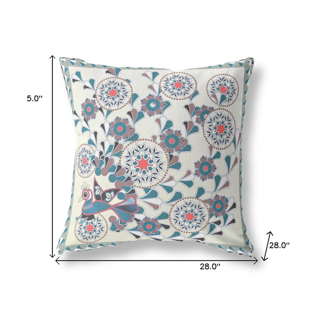 28" x 28" Off White Peacock Blown Seam Floral Indoor Outdoor Throw Pillow