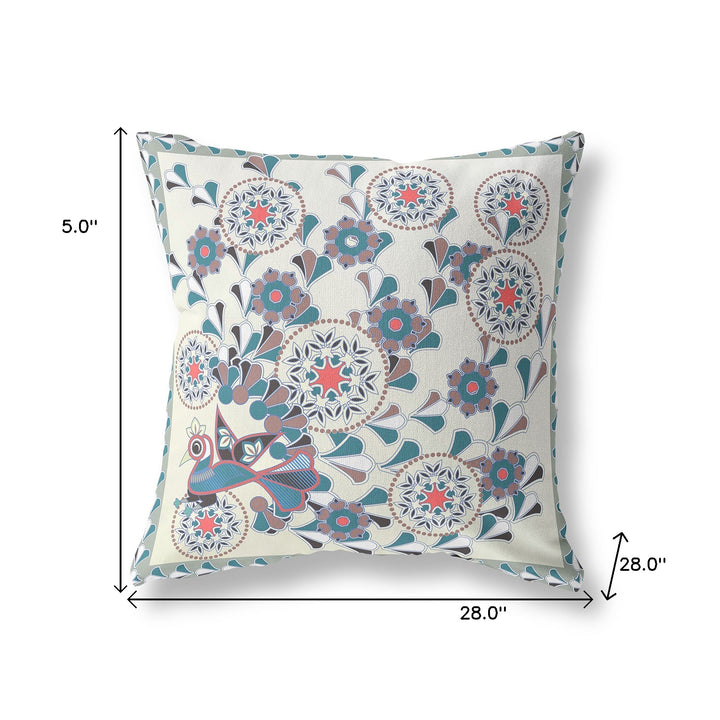 28" x 28" Off White Peacock Blown Seam Floral Indoor Outdoor Throw Pillow