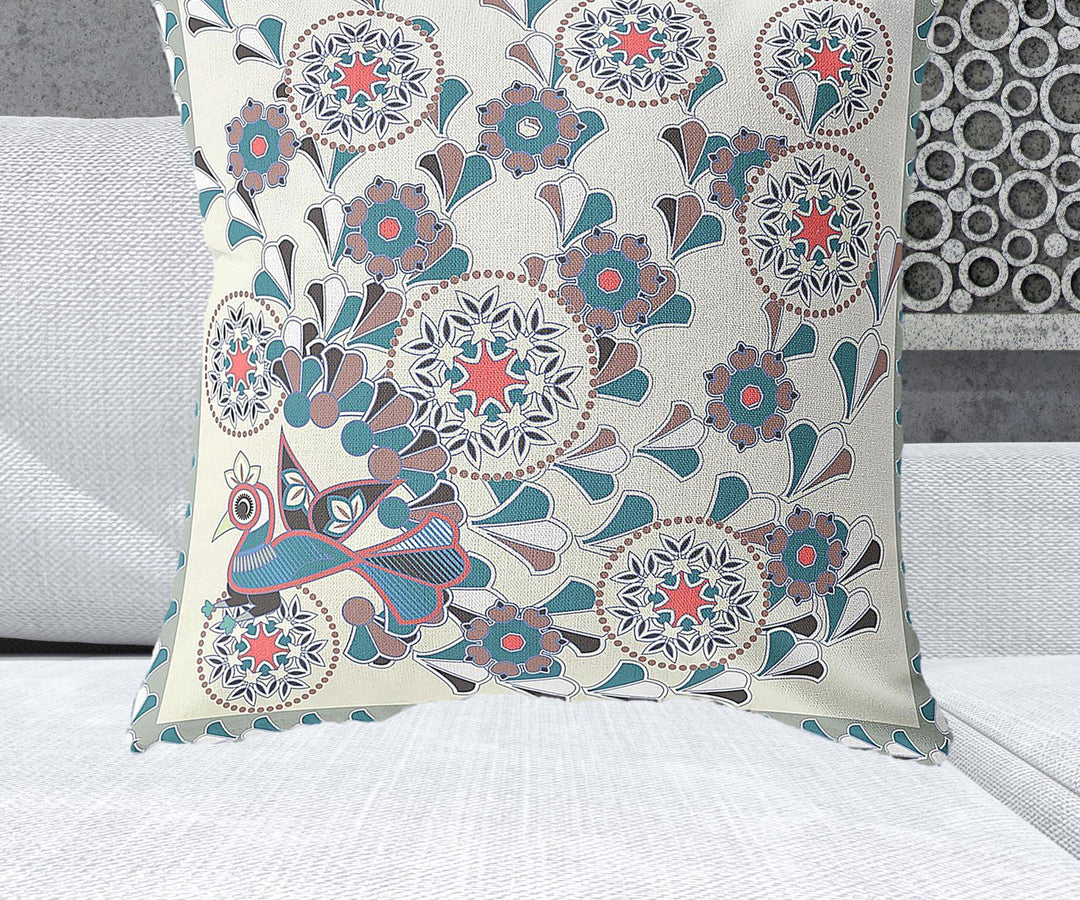 28" x 28" Off White Peacock Blown Seam Floral Indoor Outdoor Throw Pillow