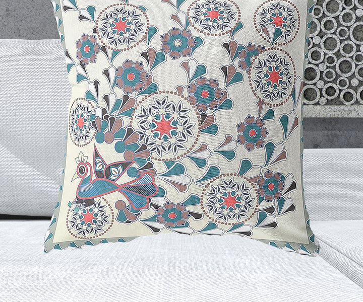 28" x 28" Off White Peacock Blown Seam Floral Indoor Outdoor Throw Pillow