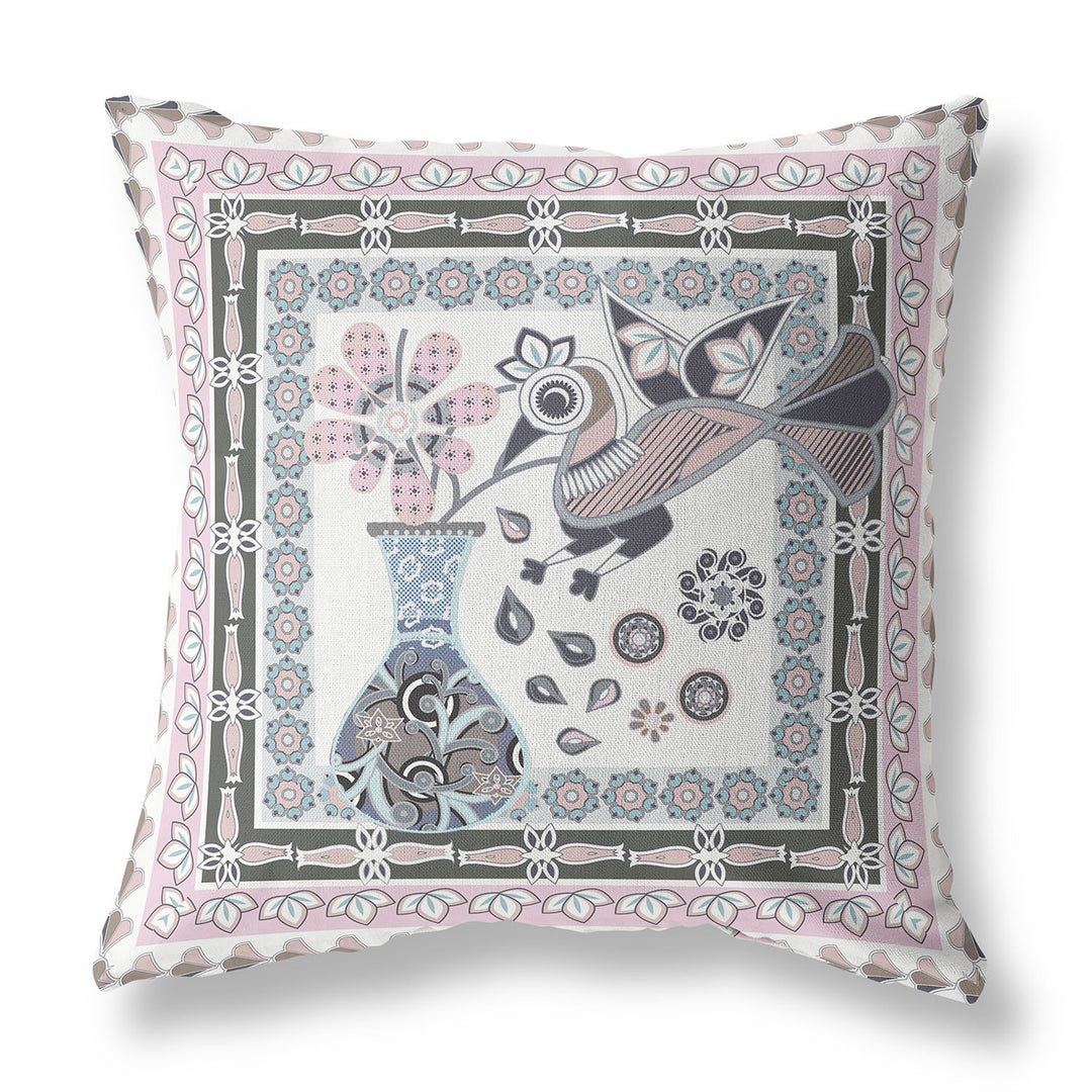 28" x 28" Pink and Grey Bird Blown Seam Floral Indoor Outdoor Throw Pillow