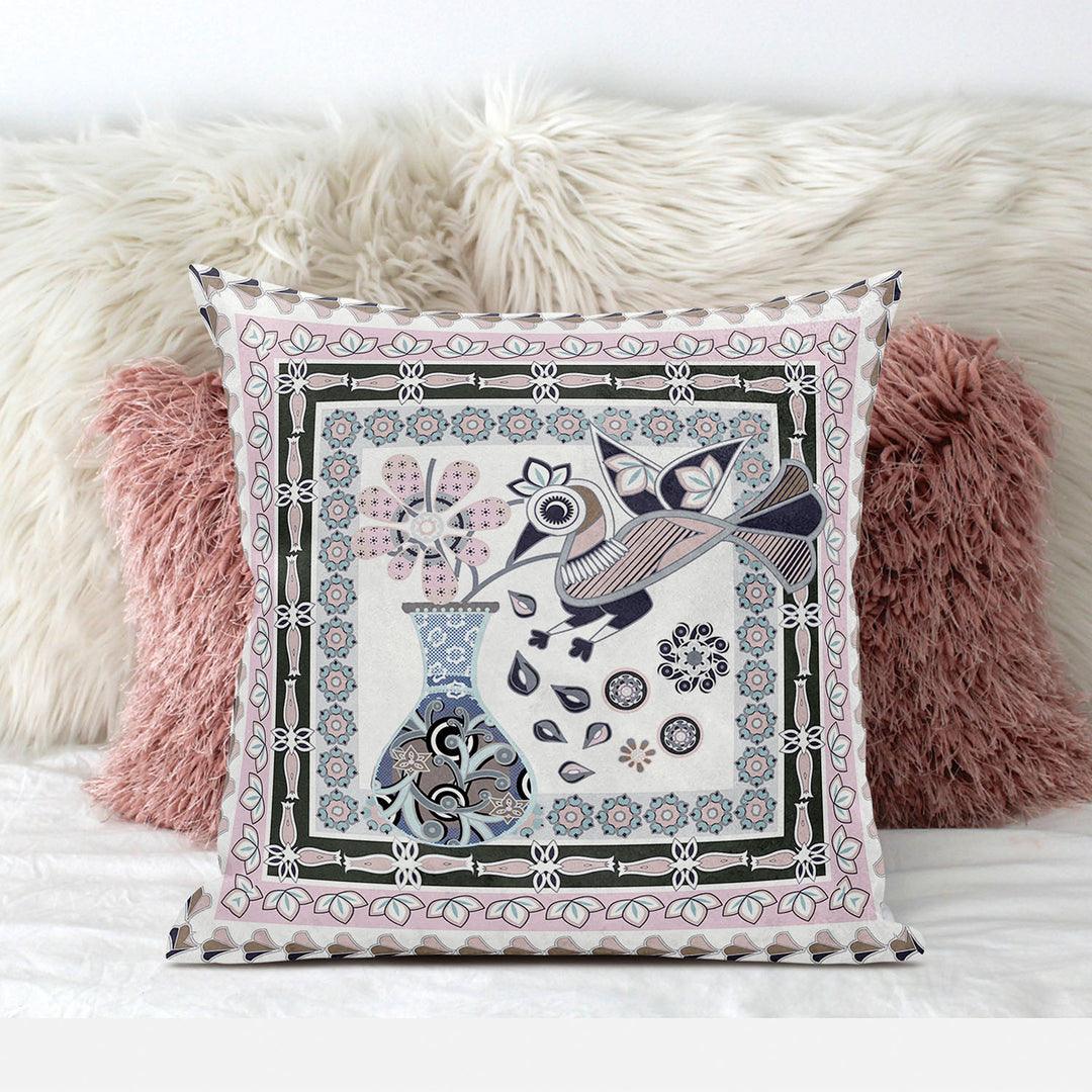 28" x 28" Pink and Grey Bird Blown Seam Floral Indoor Outdoor Throw Pillow