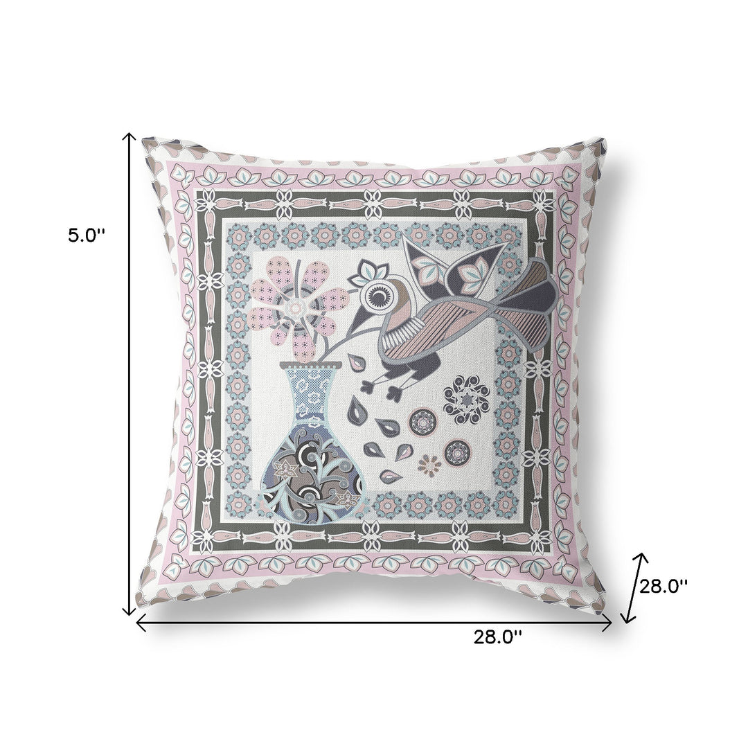 28" x 28" Pink and Grey Bird Blown Seam Floral Indoor Outdoor Throw Pillow