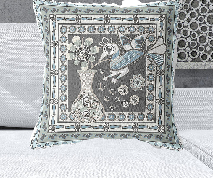 26" x 26" Black and Blue Peacock Blown Seam Floral Indoor Outdoor Throw Pillow