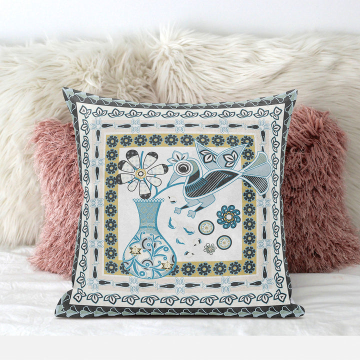 20" X 20" Blue and White Peacock Blown Seam Floral Indoor Outdoor Throw Pillow