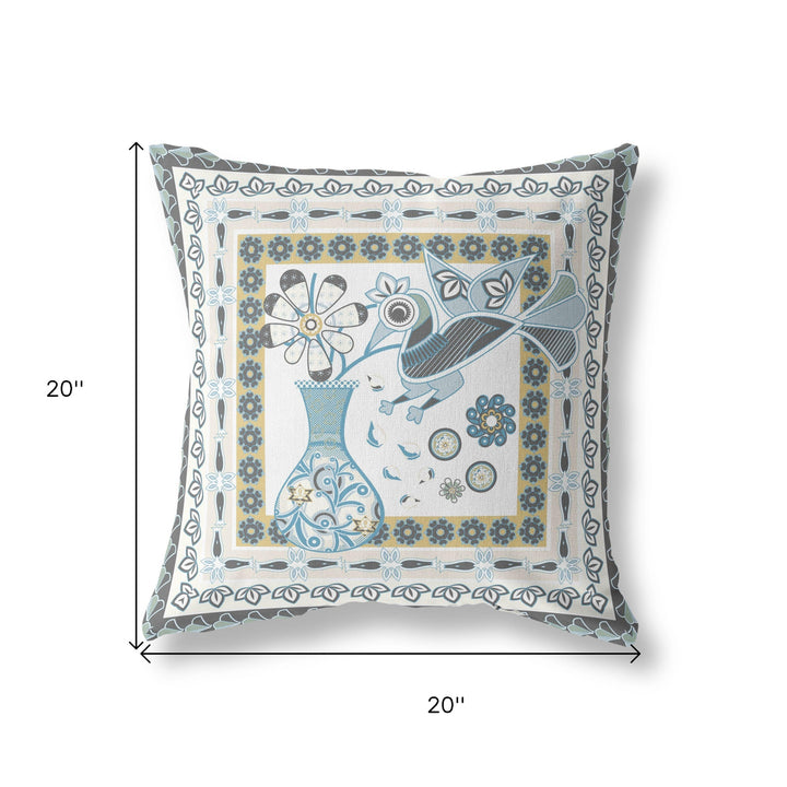 20" X 20" Blue and White Peacock Blown Seam Floral Indoor Outdoor Throw Pillow