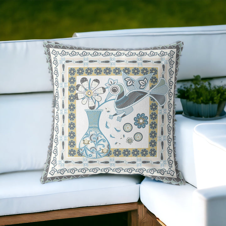 20" X 20" Blue and White Peacock Blown Seam Floral Indoor Outdoor Throw Pillow