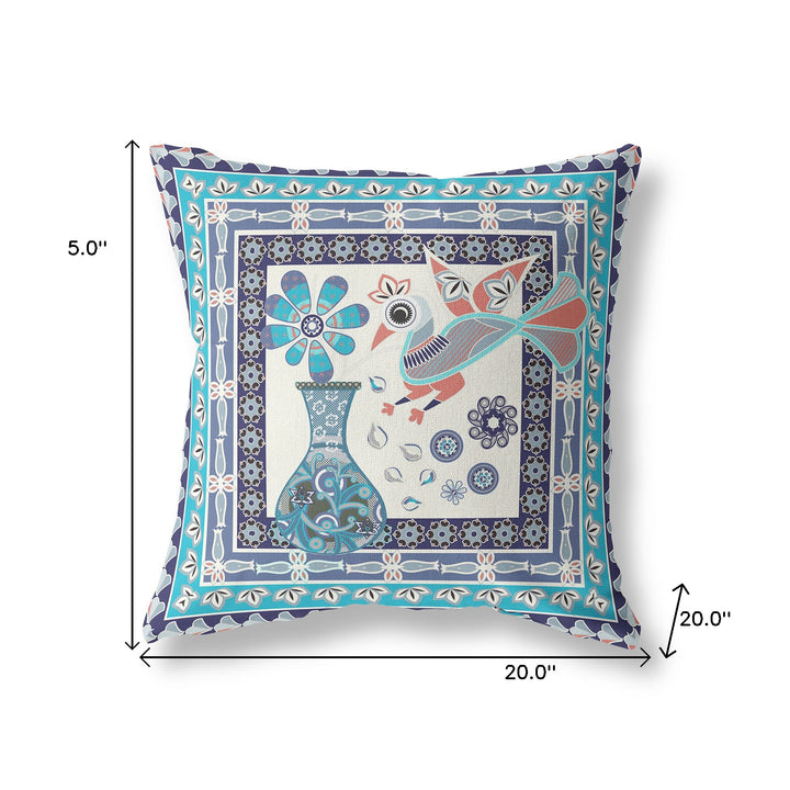 20" x 20" Blue and Off White Peacock Blown Seam Floral Indoor Outdoor Throw Pillow