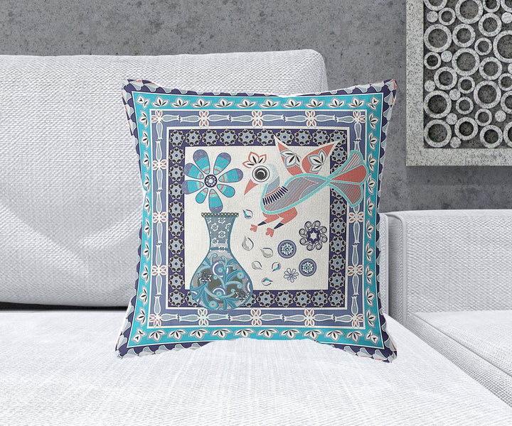 20" x 20" Blue and Off White Peacock Blown Seam Floral Indoor Outdoor Throw Pillow