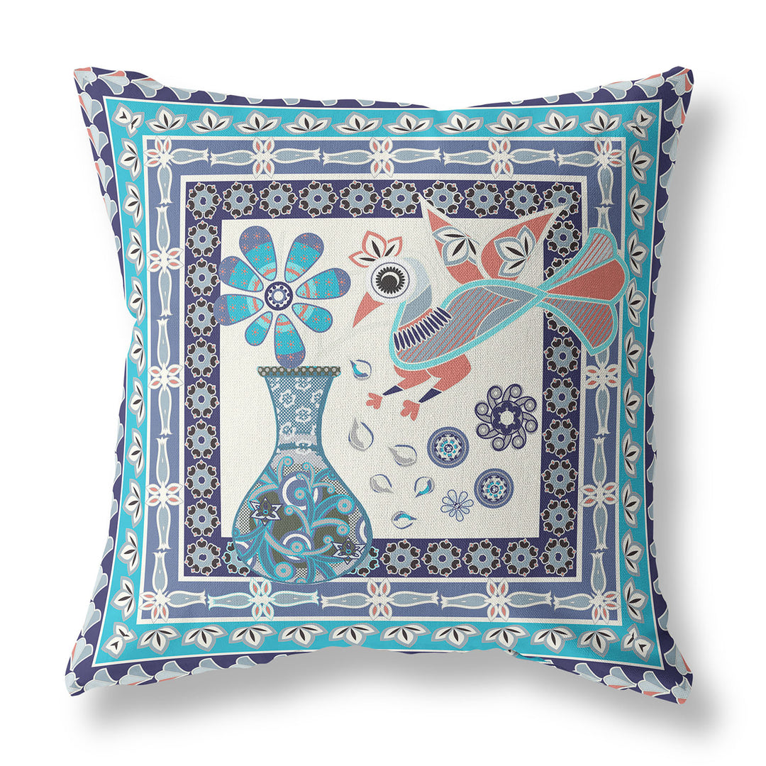 20" x 20" Blue and Off White Peacock Blown Seam Floral Indoor Outdoor Throw Pillow