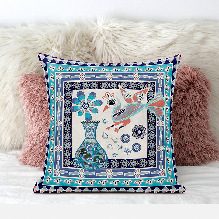 20" x 20" Blue and Off White Peacock Blown Seam Floral Indoor Outdoor Throw Pillow