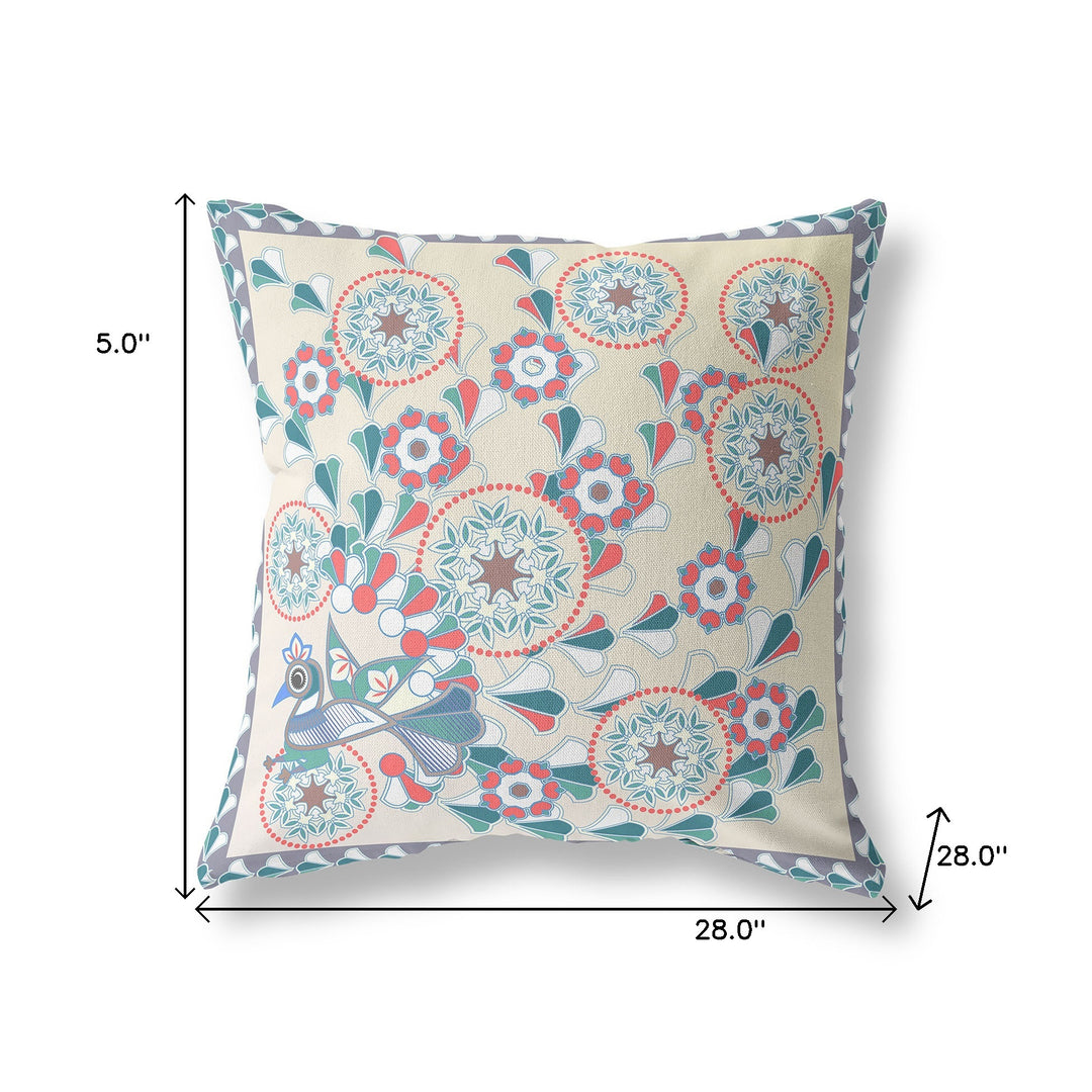 28" x 28" Off White Peacock Blown Seam Floral Indoor Outdoor Throw Pillow