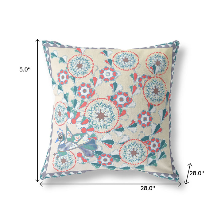 28" x 28" Off White Peacock Blown Seam Floral Indoor Outdoor Throw Pillow