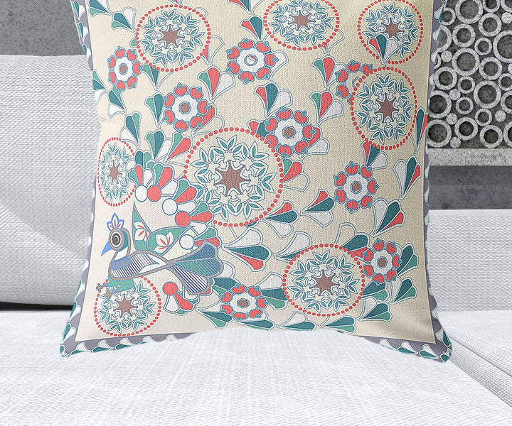 28" x 28" Off White Peacock Blown Seam Floral Indoor Outdoor Throw Pillow