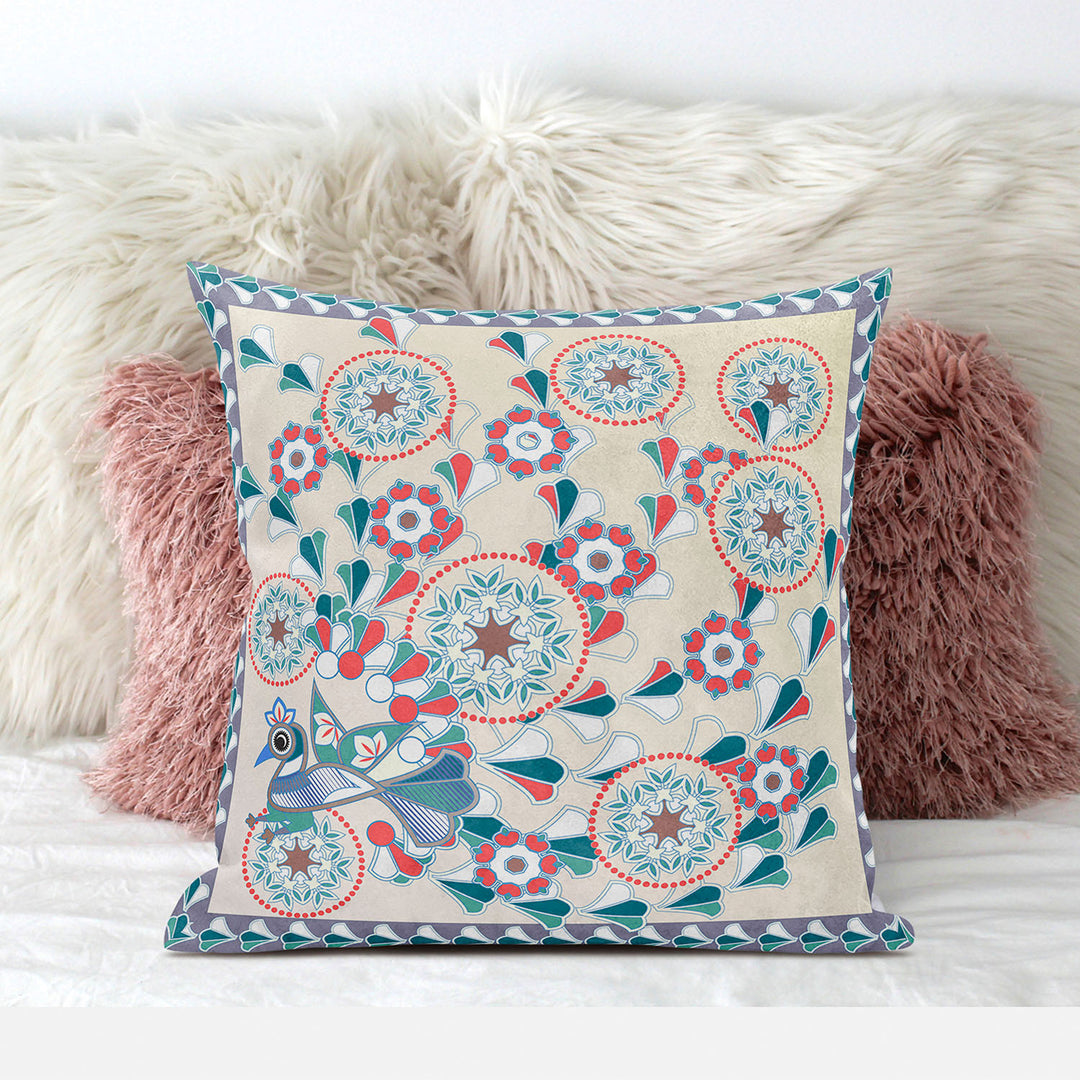 28" x 28" Off White Peacock Blown Seam Floral Indoor Outdoor Throw Pillow