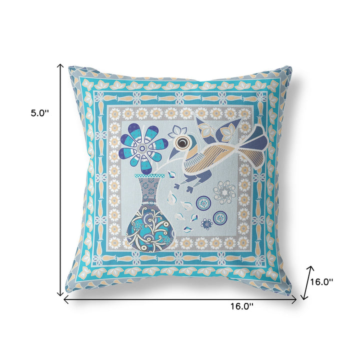 16" x 16" Aqua Peacock Blown Seam Floral Indoor Outdoor Throw Pillow