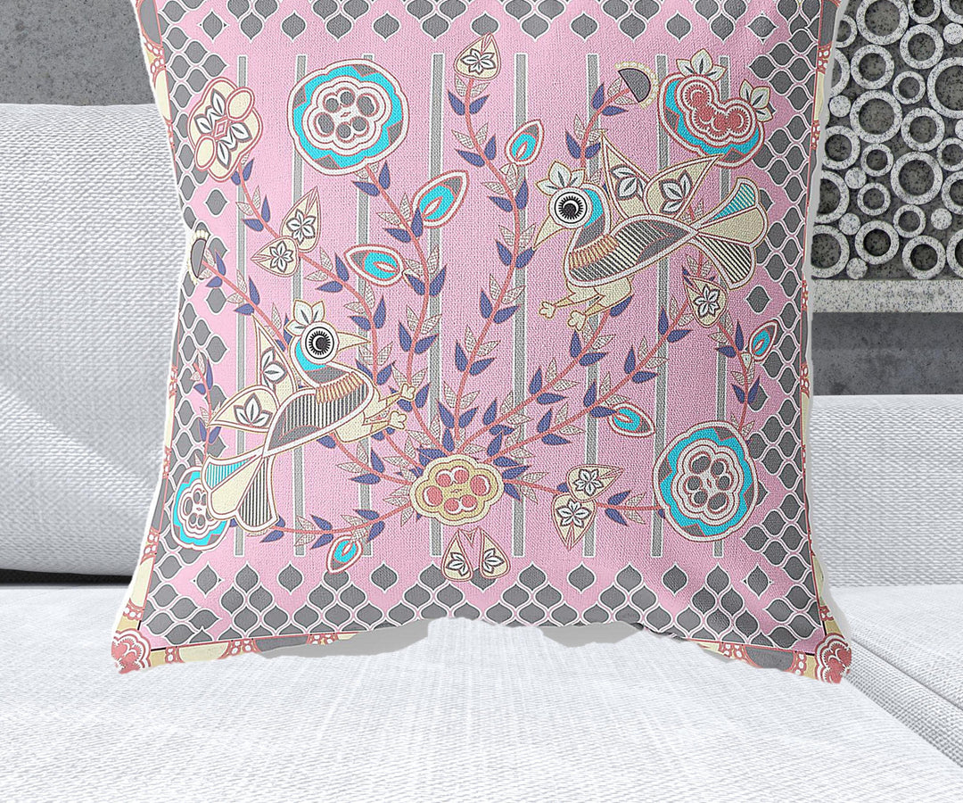 28" x 28" Pink Peacock Blown Seam Floral Indoor Outdoor Throw Pillow