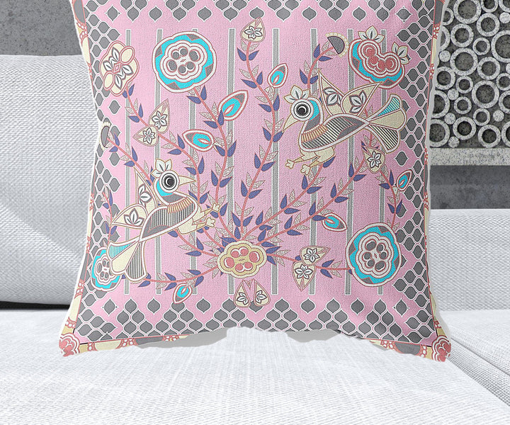 28" x 28" Pink Peacock Blown Seam Floral Indoor Outdoor Throw Pillow