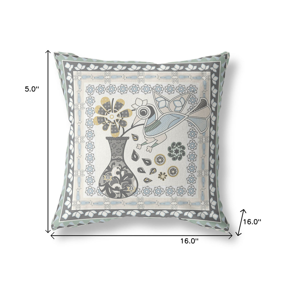 16" x 16" Cream Peacock Blown Seam Floral Indoor Outdoor Throw Pillow