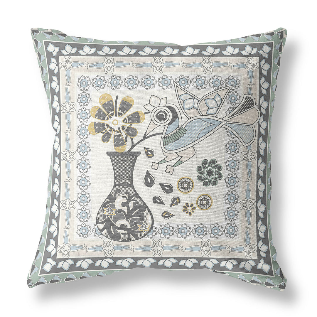 16" x 16" Cream Peacock Blown Seam Floral Indoor Outdoor Throw Pillow