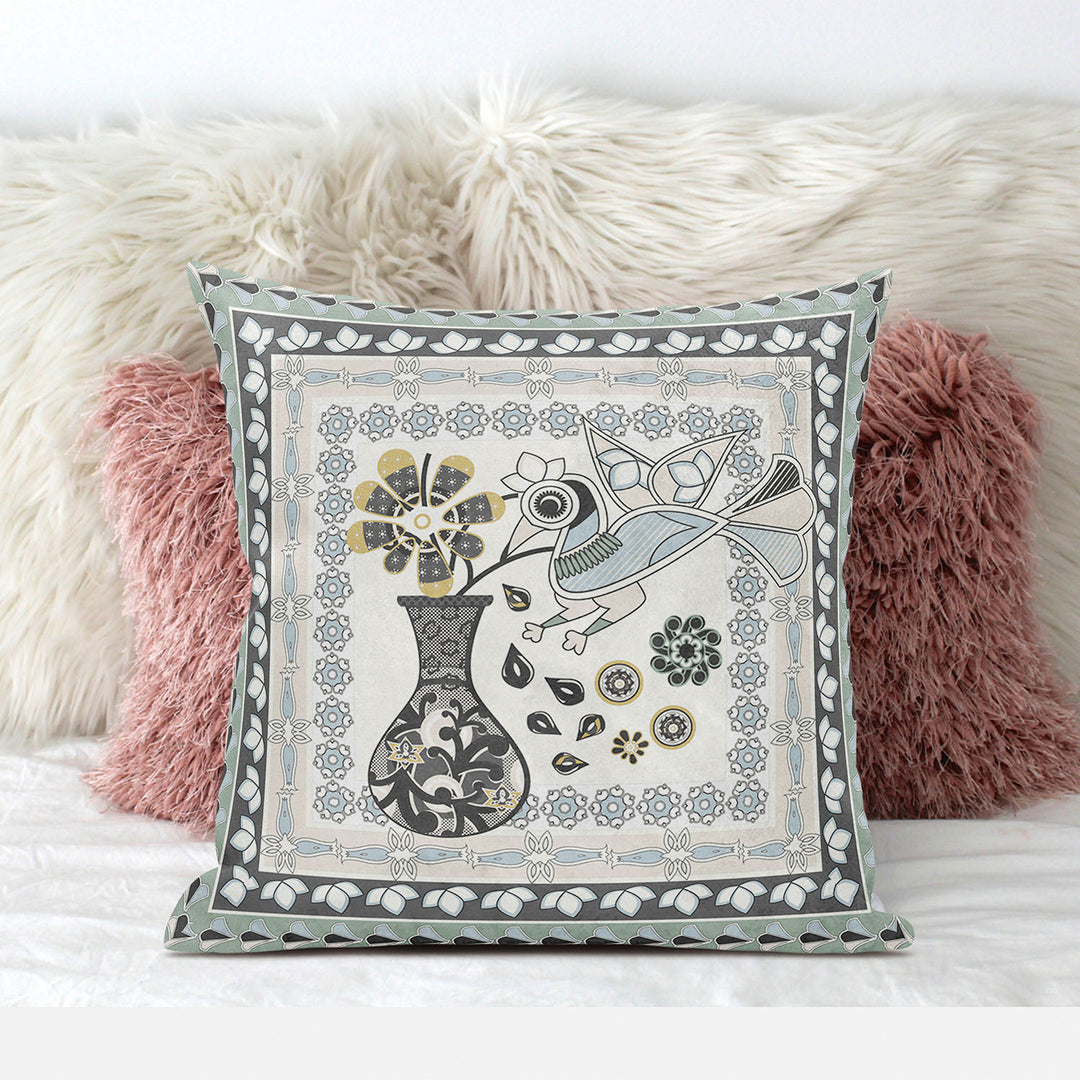 16" x 16" Cream Peacock Blown Seam Floral Indoor Outdoor Throw Pillow