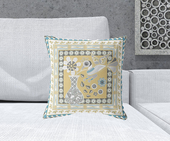 18" x 18" Beige and White Peacock Blown Seam Floral Indoor Outdoor Throw Pillow