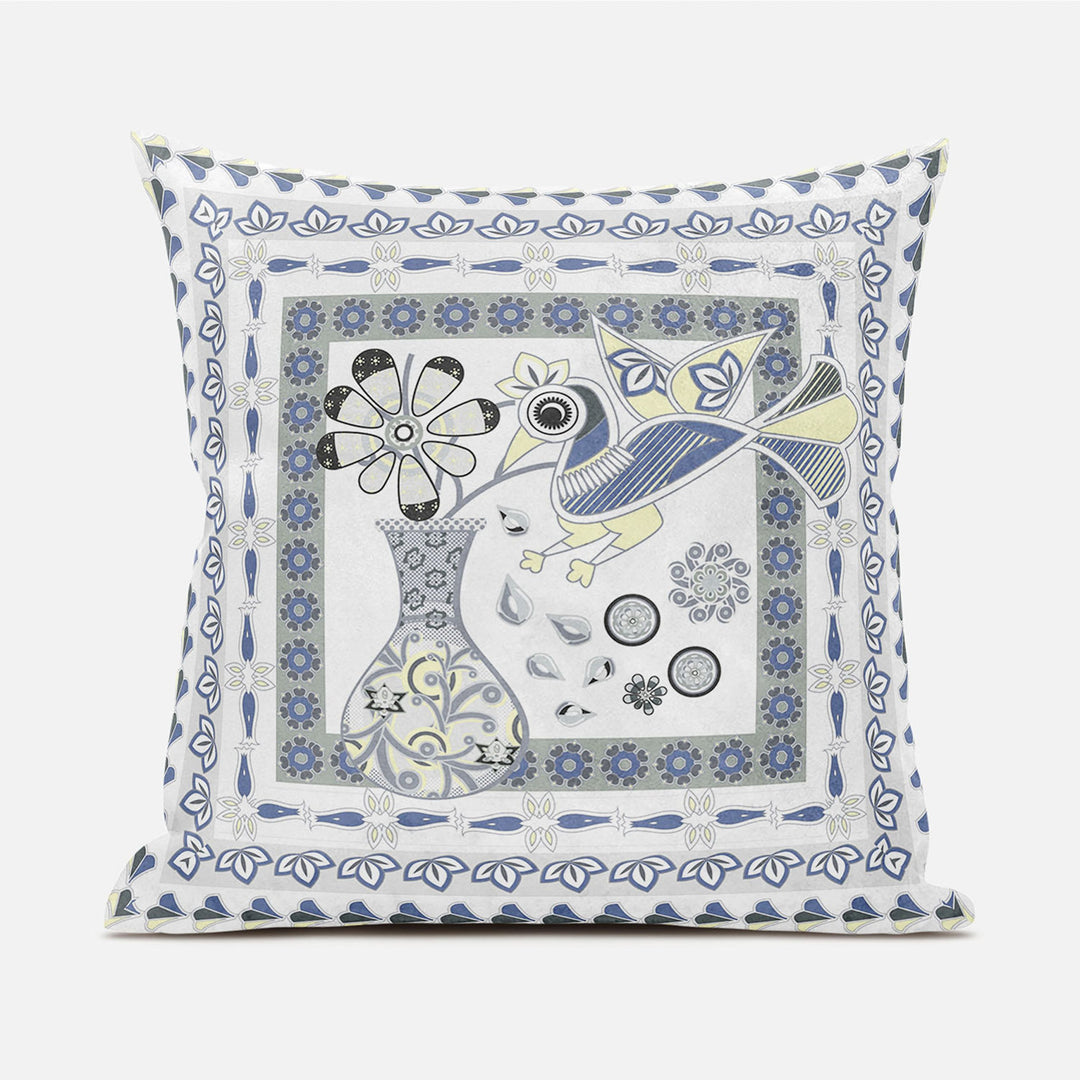 18" X 18" Gray and White Peacock Blown Seam Floral Indoor Outdoor Throw Pillow