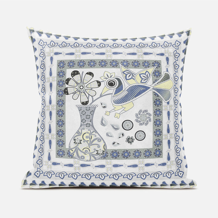 18" X 18" Gray and White Peacock Blown Seam Floral Indoor Outdoor Throw Pillow