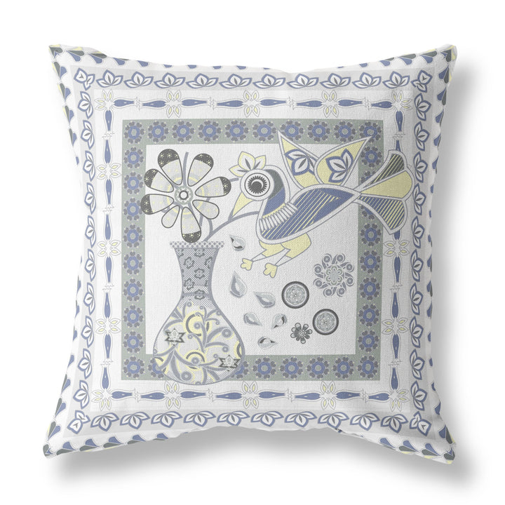 18" X 18" Gray and White Peacock Blown Seam Floral Indoor Outdoor Throw Pillow