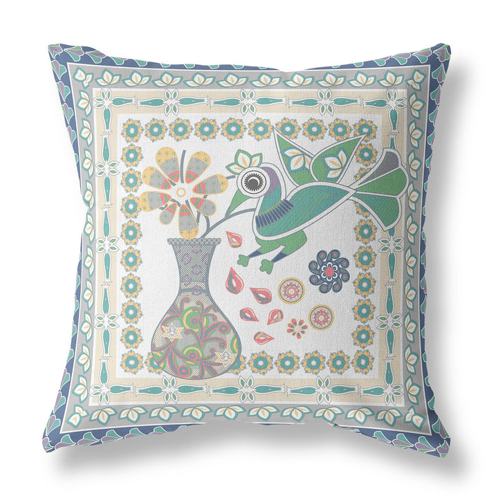 28" x 28" Cream Peacock Blown Seam Floral Indoor Outdoor Throw Pillow