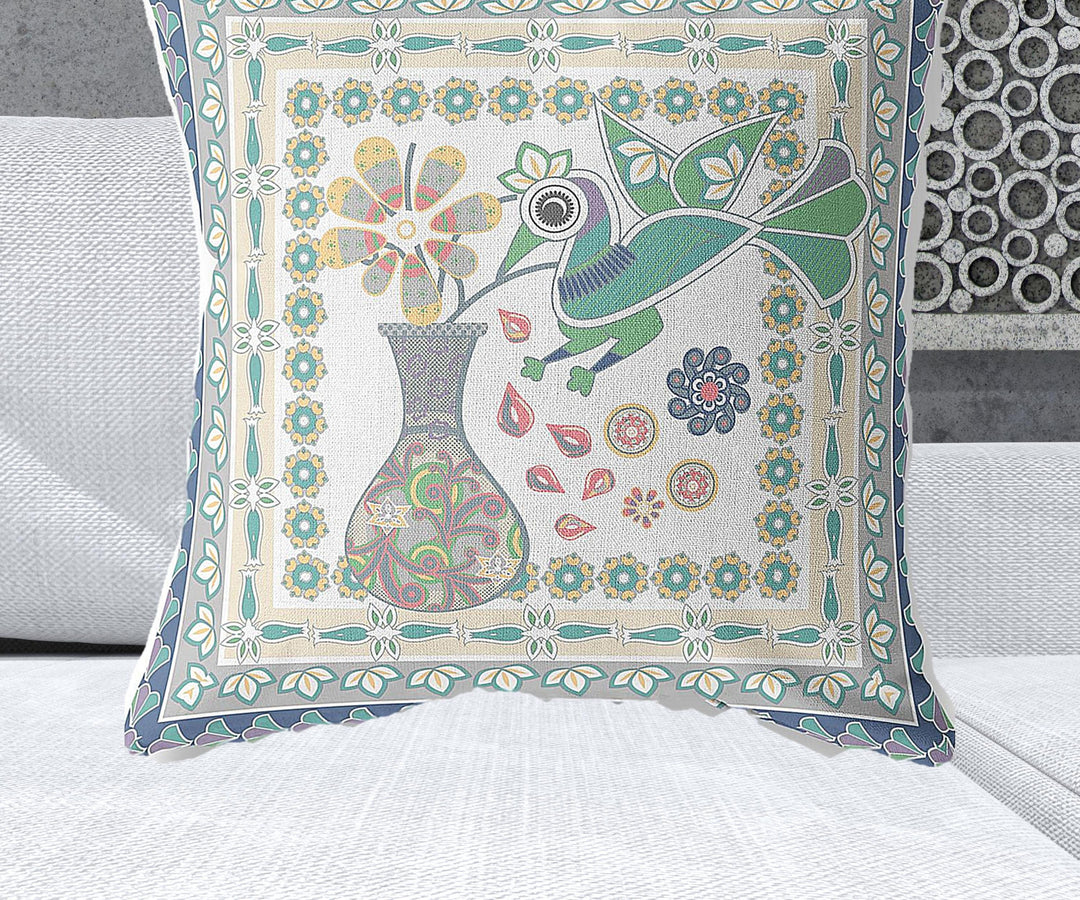 28" x 28" Cream Peacock Blown Seam Floral Indoor Outdoor Throw Pillow