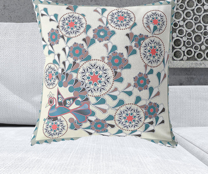 26" x 26" Off White Peacock Blown Seam Floral Indoor Outdoor Throw Pillow