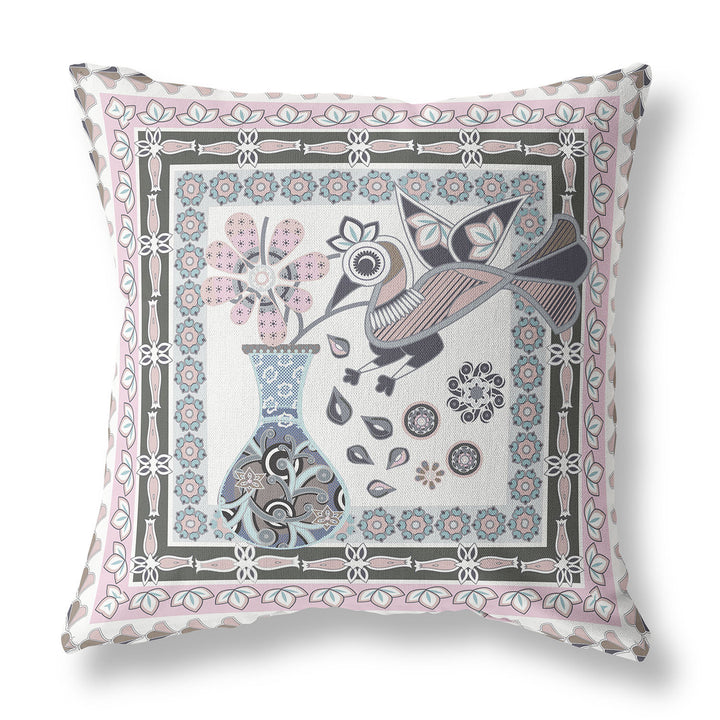 18" x 18" Pink and Grey Bird Blown Seam Floral Indoor Outdoor Throw Pillow