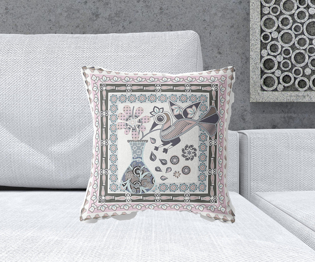 18" x 18" Pink and Grey Bird Blown Seam Floral Indoor Outdoor Throw Pillow