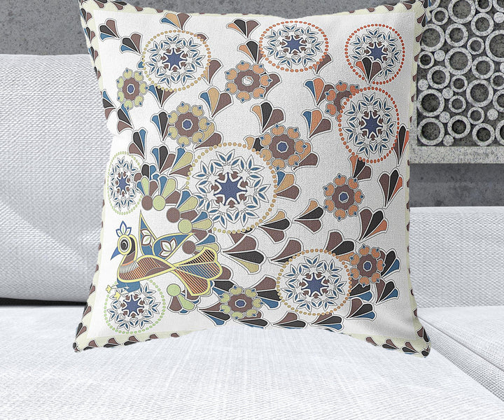 26" x 26" Off White Peacock Blown Seam Floral Indoor Outdoor Throw Pillow