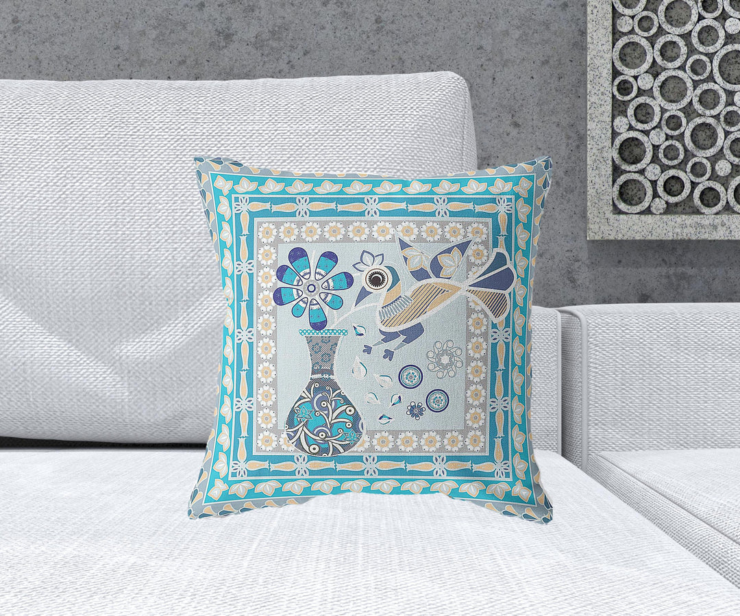 18" x 18" Aqua Peacock Blown Seam Floral Indoor Outdoor Throw Pillow