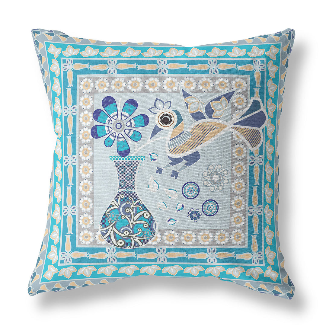 18" x 18" Aqua Peacock Blown Seam Floral Indoor Outdoor Throw Pillow