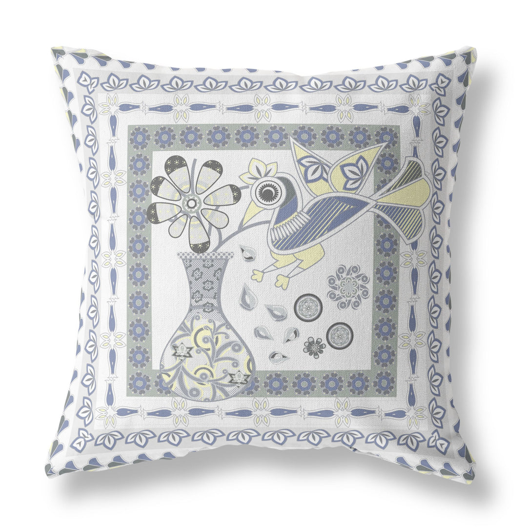 28" X 28" Gray and White Peacock Blown Seam Floral Indoor Outdoor Throw Pillow