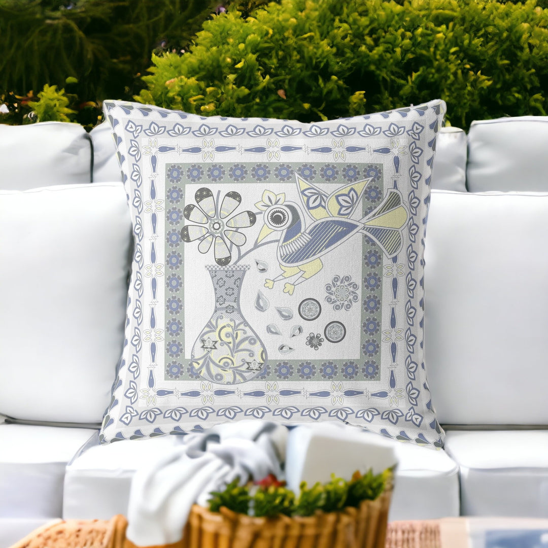 28" X 28" Gray and White Peacock Blown Seam Floral Indoor Outdoor Throw Pillow