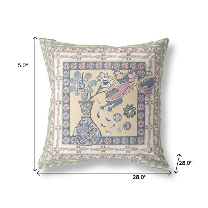 28" x 28" Green Peacock Blown Seam Floral Indoor Outdoor Throw Pillow