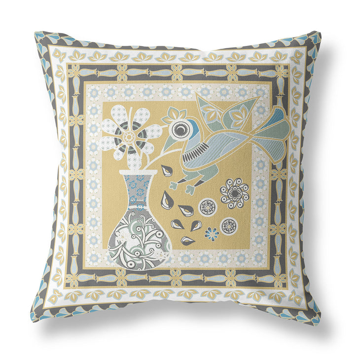 26" x 26" Beige and Black Peacock Blown Seam Floral Indoor Outdoor Throw Pillow