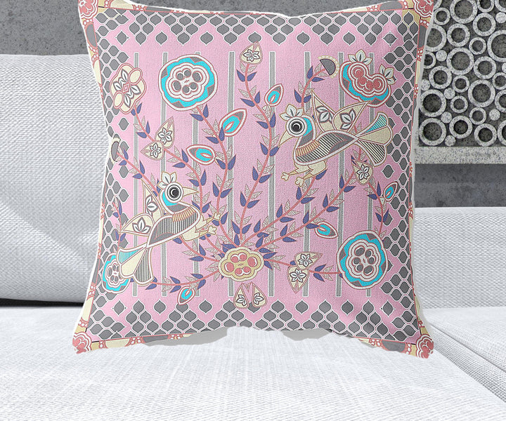 26" x 26" Pink Peacock Blown Seam Floral Indoor Outdoor Throw Pillow