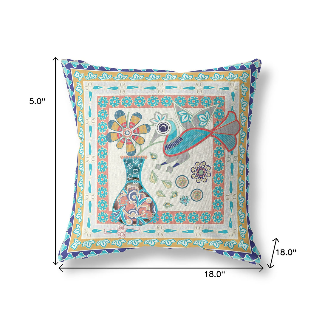 18" x 18" Blue and Beige Peacock Blown Seam Floral Indoor Outdoor Throw Pillow