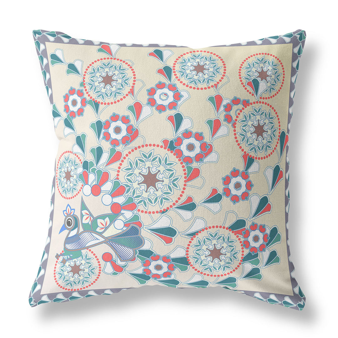 18" x 18" Off White Peacock Blown Seam Floral Indoor Outdoor Throw Pillow