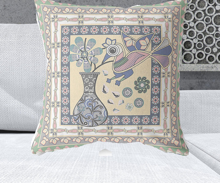 26" x 26" Green Peacock Blown Seam Floral Indoor Outdoor Throw Pillow