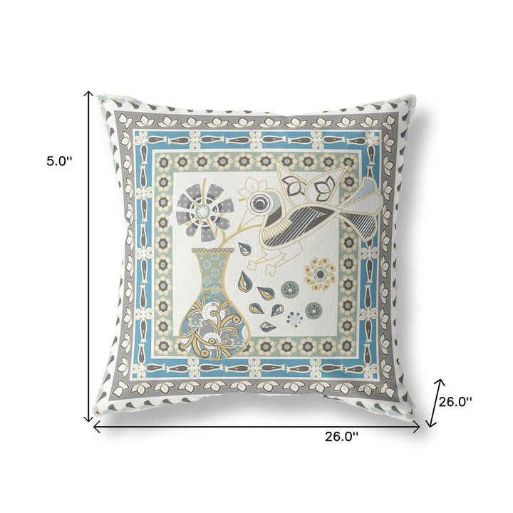 26" x 26" Off White Peacock Blown Seam Floral Indoor Outdoor Throw Pillow